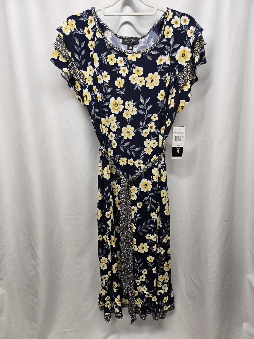 Dark Blue Floral Midi Dress with Self-Tie Belt